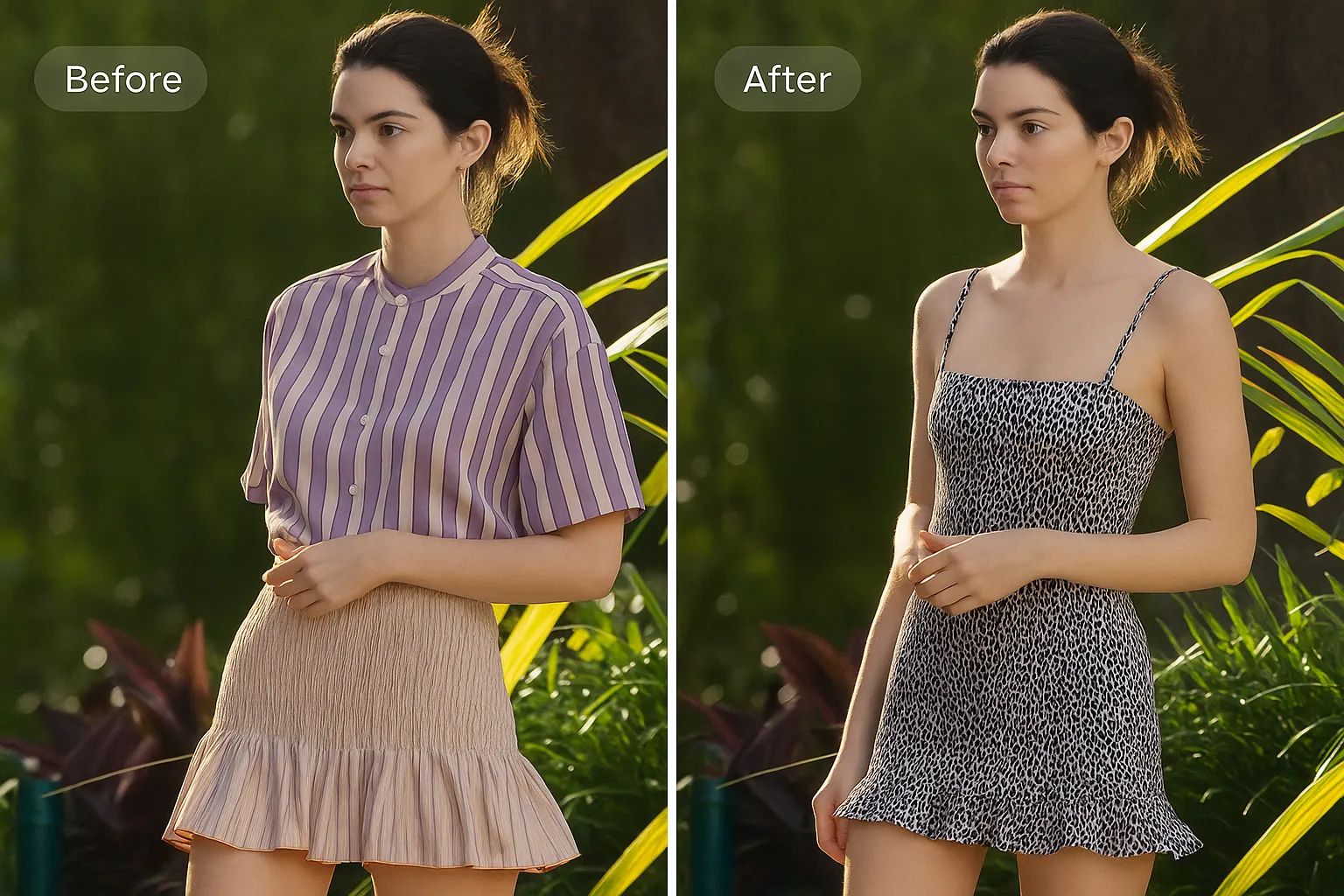 El top y la falda de rayas moradas de Kendall Jenner cambiaron por un vestido con estampado de leopardo blanco y negro.