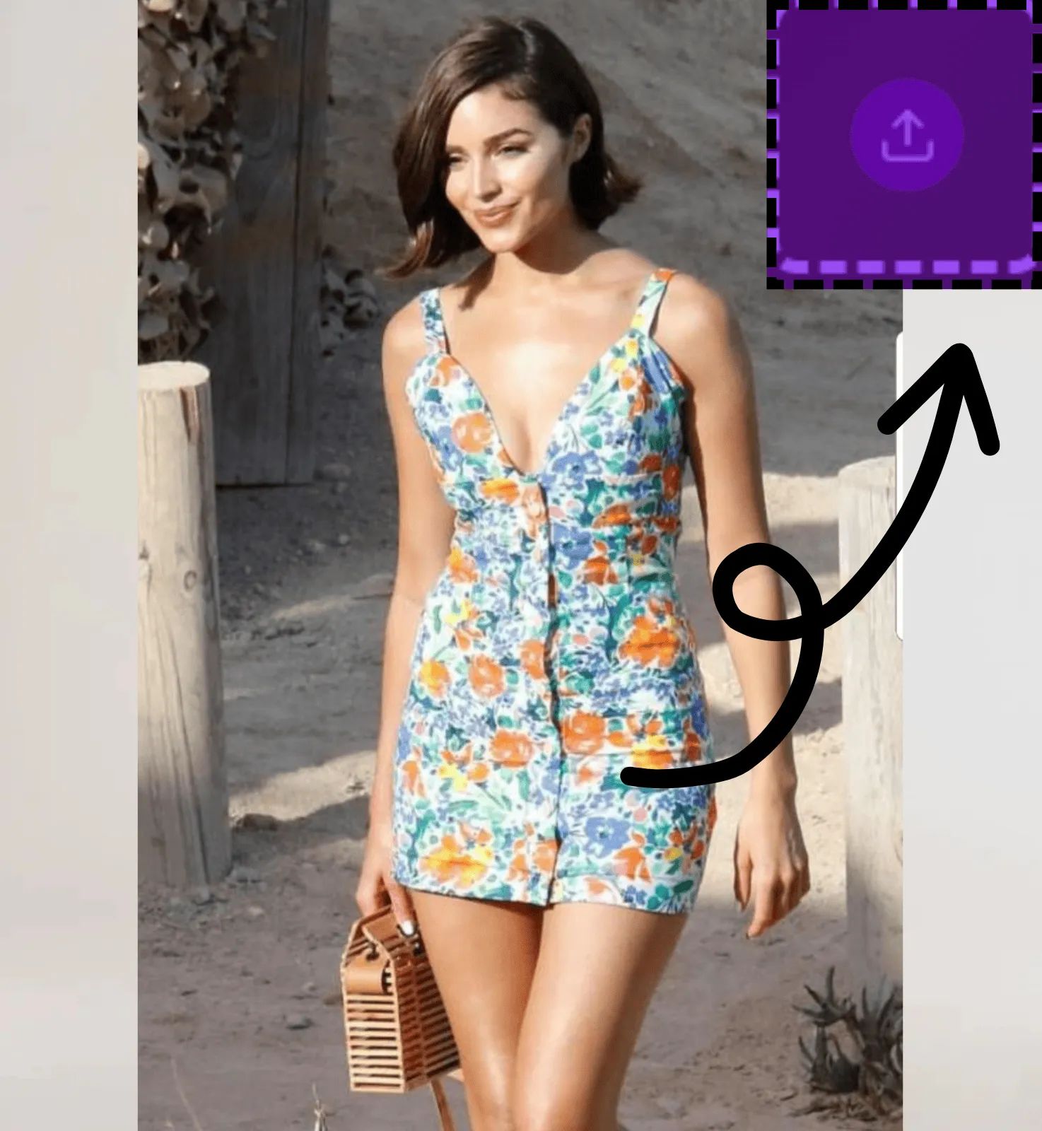 Mujer de pelo corto con un vestido camisola floral verde azulado, lista para seleccionar ropa en un cambiador de ropa AI.