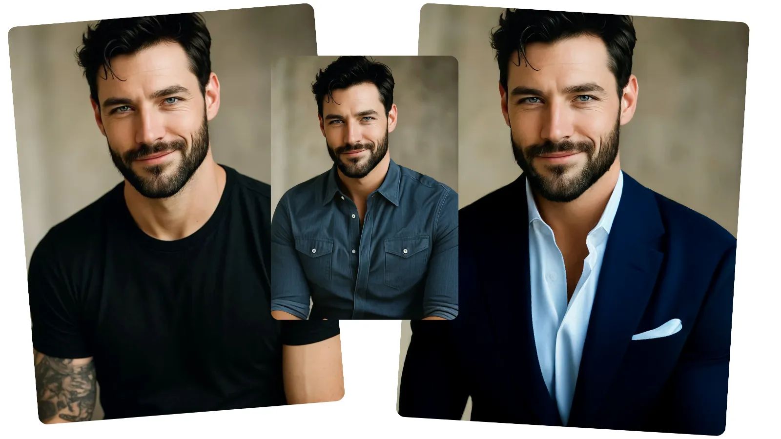 El mismo modelo masculino con camiseta negra, traje y camisa vaquera después de cambiarse de ropa de AI.
