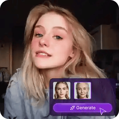 Selfie av en blond jente med et klistremerke som viser prosessen med å endre ansiktsalder, brukt som et materiale i veiledningen for ansiktsskifter.