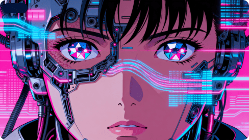 Một nhân vật anime theo phong cách cyberpunk với những cải tiến về cơ học xung quanh mắt, các chi tiết màu xanh lam và hồng rực rỡ cùng mái tóc ngắn màu đen.