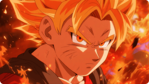 Một nhân vật anime với mái tóc vàng nhọn, đôi mắt màu cam đậm và biểu cảm kiên quyết, nổi bật trên nền lửa.