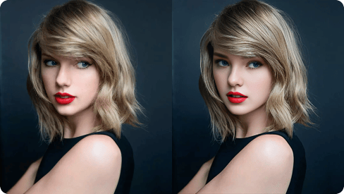 So sánh giữa chân dung gốc của Taylor Swift trong bộ váy đen, môi đỏ và phiên bản hoán đổi khuôn mặt.