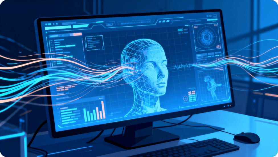 Digital illustrasjon av en dataskjerm som viser et AI-menneskelig hodegrensesnitt med datagrafer og blå nevrallignende bølger, som representerer kunstig intelligens og ansiktsgjenkjenningsteknologi.