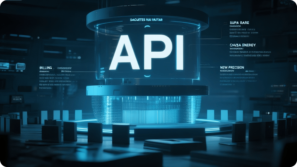 En fremtredende 'API'-skjerm omgitt av tekniske grensesnitt og dataelementer.