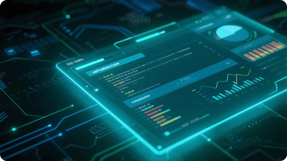 Et holografisk digitalt dashbord med diagrammer og datavisualiseringer.