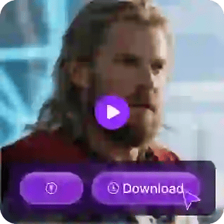 Et billede af Thor med en lilla afspilningsknap-overlejring og en klistermærke 'download'-knap, brugt som materiale i videoforstærker-tutorial for ansigtsbytte.