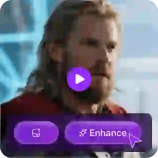 Et billede af Thor med en lilla afspilningsknap-overlay og et klistermærke, der viser 'forbedr'-knappen, brugt som materiale i videoforstærker-tutorial for ansigtsbytte.