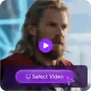 Et billede af Thor med en lilla afspilningsknap-overlay og en lilla 'vælg video'-knap, brugt som materiale i videoforstærker-tutorial for ansigtsbytte.
