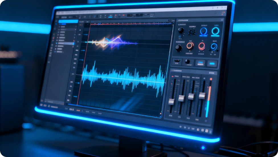 Computerbildschirm mit Audiobearbeitungssoftware mit Schallwellen.