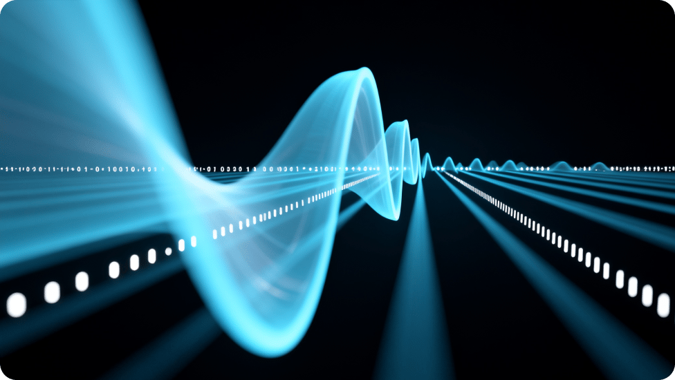 Blaue Schallwelle mit futuristischem Design, die auf Klang und Audioverarbeitung hinweist.