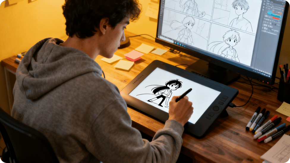 Person, die ein digitales Zeichentablett verwendet, um Manga-Kunst zu erstellen.