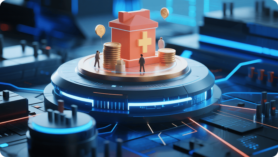 Digitale Illustration einer medizinischen Gebäudeikone mit Münzen und winzigen menschlichen Figuren, vor einem futuristischen technischen Hintergrund.