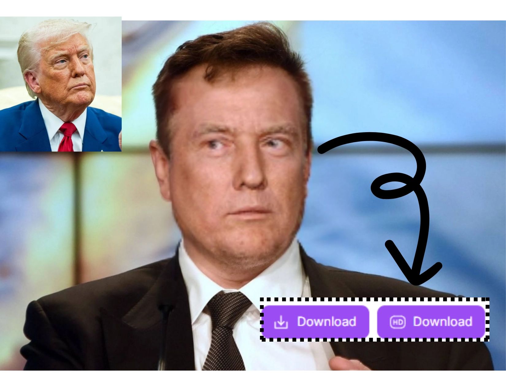 GIF-Face-Swap-veiledning Trinn 3: Etter å ha lastet opp bildet, klikk på "Swap"-knappen for å starte ansiktsbyttet. Du vil nå ha en GIF med Trumps ansikt byttet ut med Elon Musks. Til slutt klikker du på nedlastingsknappen nederst til høyre for å lagre din nye GIF.