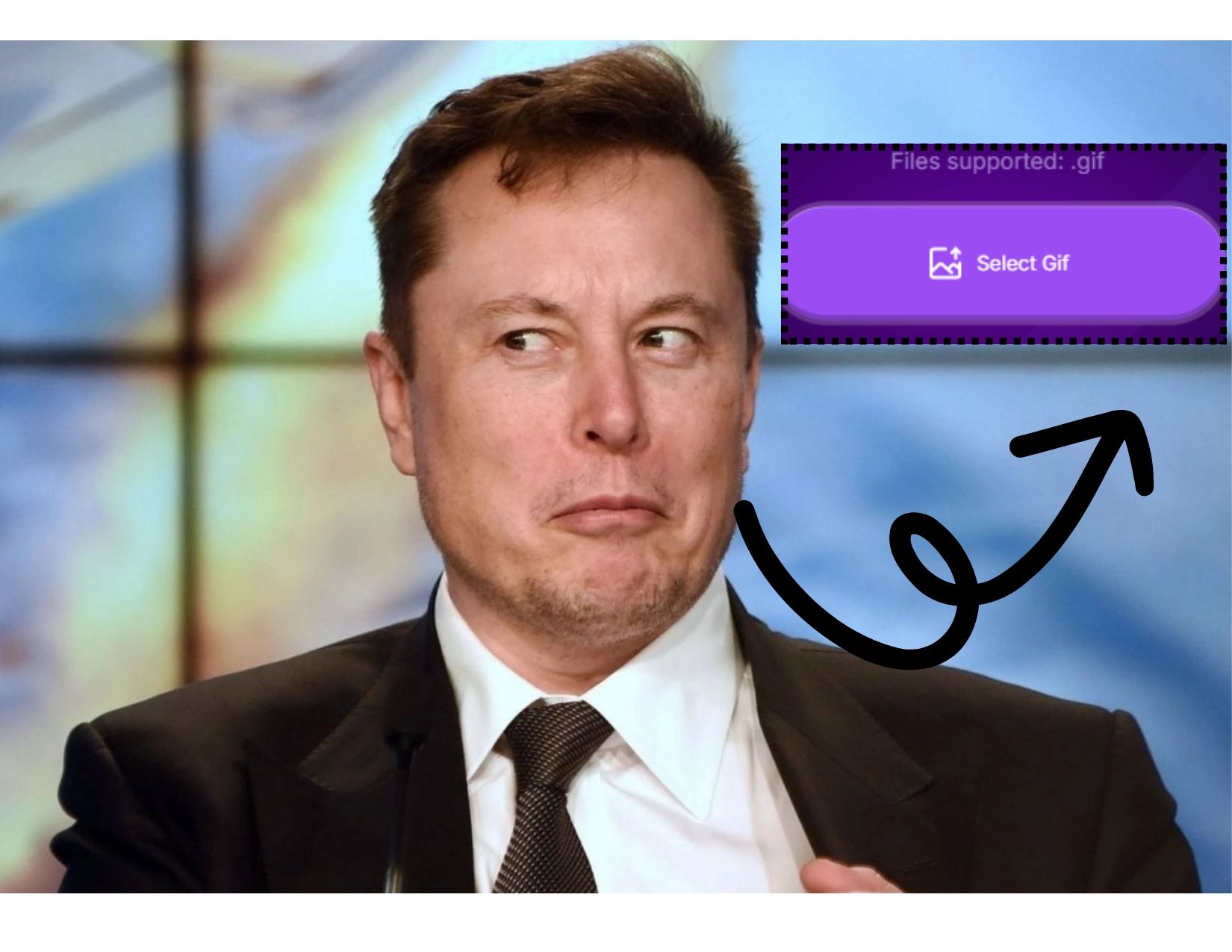 GIF-Face-Swap-veiledning Trinn 1: Du kan laste opp GIF-en du vil bytte ansikter i. Denne morsomme GIF-en inneholder Elon Musk som gir et smilende uttrykk.