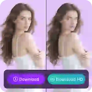 Comparação entre a mulher original em um vestido branco e a mulher com o rosto trocado em um vestido branco, com um botão roxo de 'download' e um botão verde de 'download HD', usado como material no vídeo tutorial de troca de rosto.