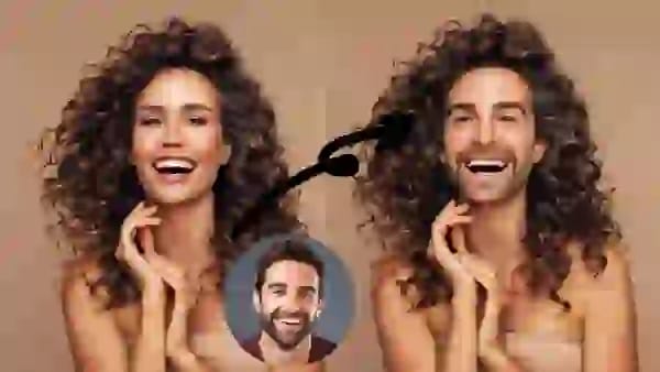 À esquerda, há uma linda garota sorridente com cabelos pretos ondulados, e depois de trocar de rosto com SwapFace à direita, seu cabelo ondulado e seu sorriso permanecem os mesmos!