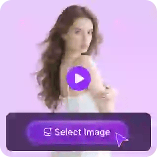 Uma mulher com cabelos longos e ondulados em um vestido branco, com um botão play roxo e um botão 'selecionar vídeo', usado como material no tutorial de troca de rosto em vídeo.