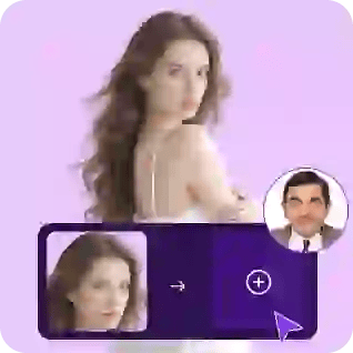 Uma mulher com cabelos longos e ondulados em um vestido branco, com um adesivo mostrando o processo de troca de rosto, usado como material no vídeo tutorial de troca de rosto.