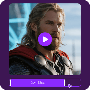 Een foto van Thor met een paarse afspeelknop-overlay en een sticker die de videoduur aangeeft, gebruikt als materiaal in de onbeperkte video-face-swap-tutorial.