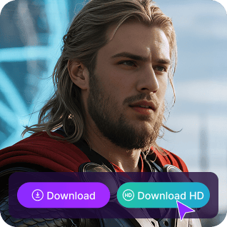 Een face-swapped foto van Thor met een paarse 'download'-knop en een groene' download HD'-knop, gebruikt als materiaal in een onbeperkte video-face-swap-tutorial.