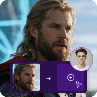Een foto van Thor met een sticker die het onbeperkte video-face-swap-proces laat zien, gebruikt als materiaal in de onbeperkte video-face-swap-tutorial.