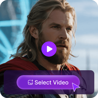 Een foto van Thor met een paarse afspeelknop-overlay en een 'video selecteren'-knop, gebruikt als materiaal in een onbeperkte video-face swap-tutorial.
