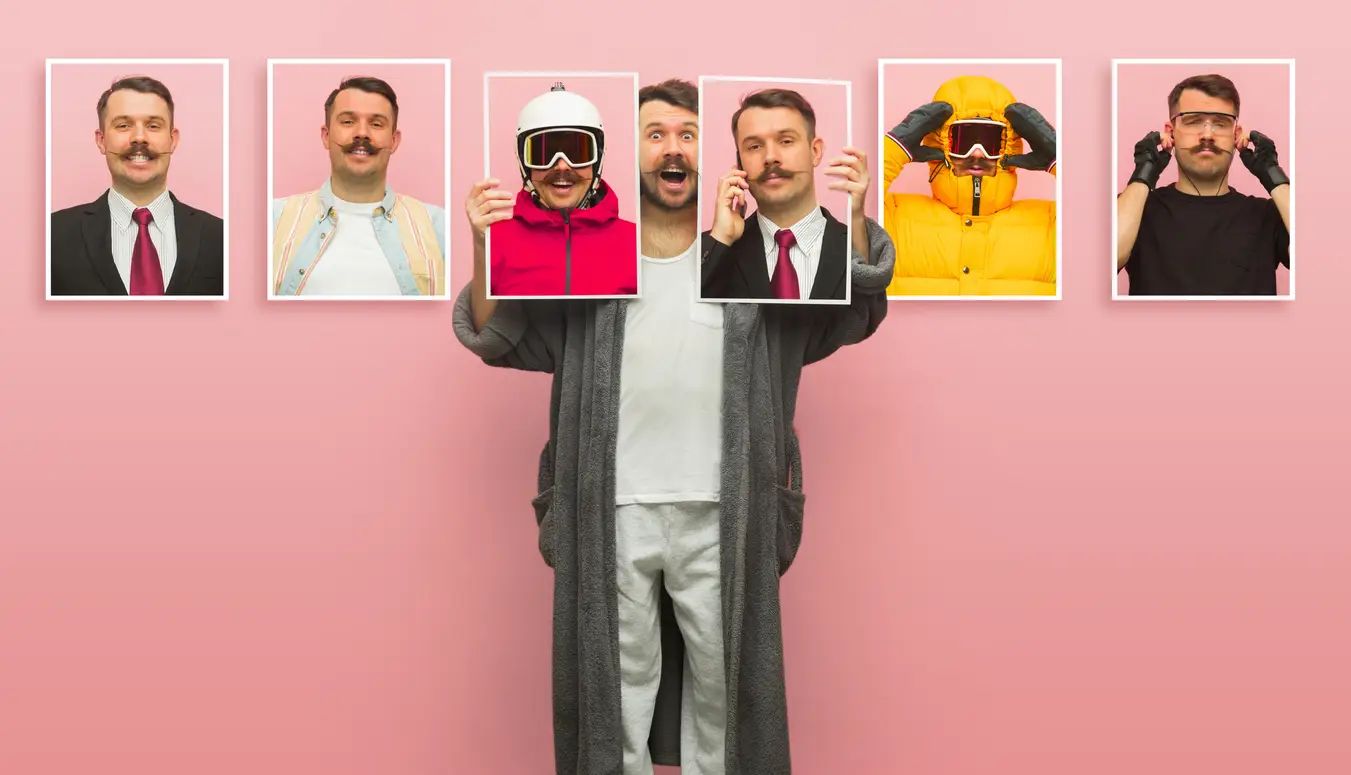 Um homem usando o trocador de roupas AI, mostrando vários estilos de roupas, exibindo diferentes roupas e acessórios.
