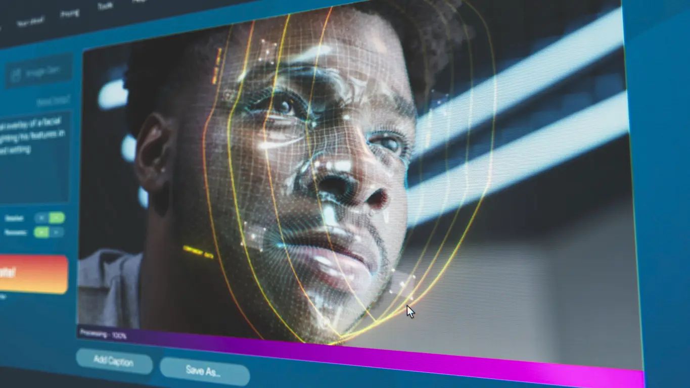 Der Kopf eines Mannes wird von der KI analysiert, wobei auf dem Bild eine 3D-Kopfkontur zu sehen ist.