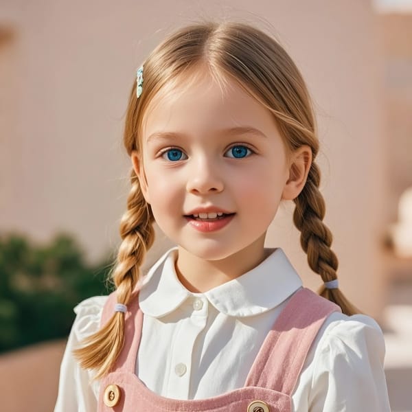 Portrait of a blonde little girl with two braids in white shirt and pink dress, smiling at the camera.