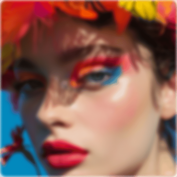 Blurry photo of a woman featuring blue and orange eyeshadow, red lipstick, and a multicolored feathered headpiece.