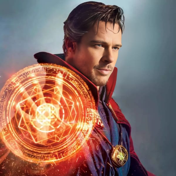 Face-swapped version of Doctor Strange standing with a glowing orange magical mandala spell circle emanating from his hand, wearing his iconic red and blue sorcerer cloak.