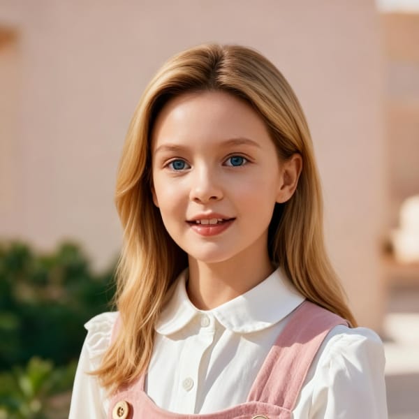 Hair-swapped version of a portrait of a little girl with long straight blonde hair in white shirt and pink dress, smiling at the camera.