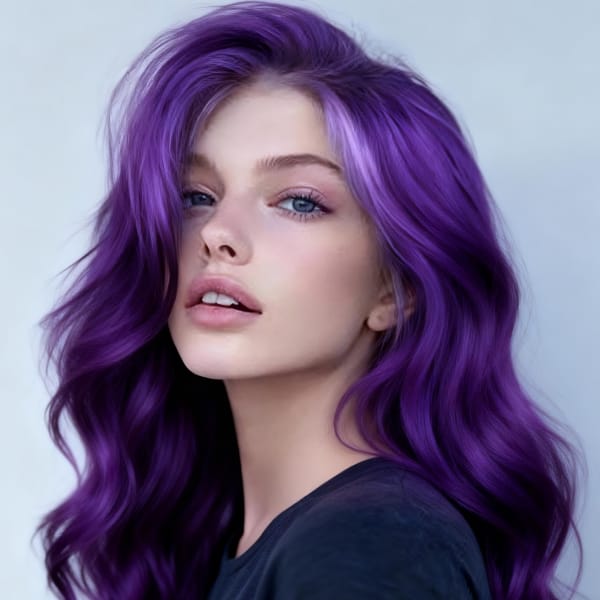 Portrait of a woman with purple hair.