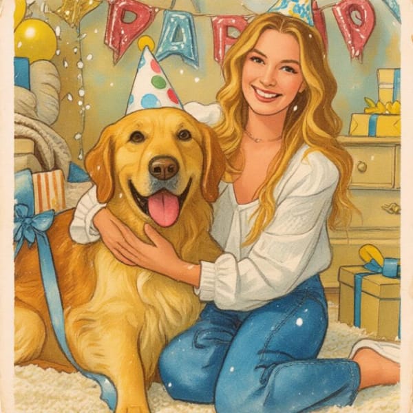 AI-generated card of a retro-style painting of a woman cuddling a golden retriever in an indoor birthday celebration scene, with party hats on both of their heads.