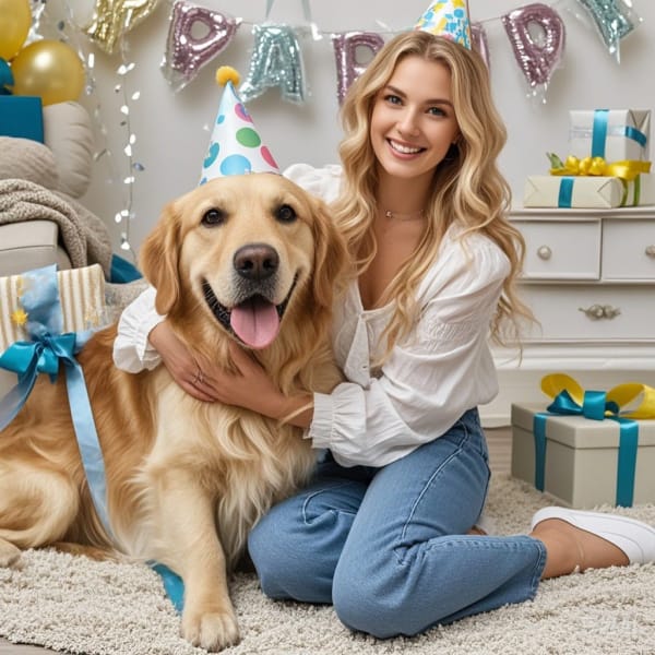 Photo of a woman cuddling a golden retriever in an indoor birthday celebration scene, with party hats on both of their heads.