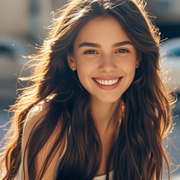 Portrait of a woman with long wavy hair smiling at the camera, with sunlight illuminating her hair.
