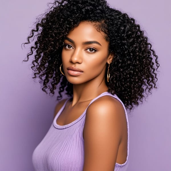 Portrait of a woman with short black curls wearing a purple tank top, posing for the camera.