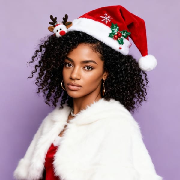 AI-generated portrait of a woman with short black curls in Christmas outfit.