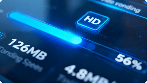 빛나는 파란색 막대, 'HD' 버튼, 얼굴 스왑의 다운로드 상태를 나타내는 '126MB' 및 '56%'와 같은 데이터 측정항목이 있는 디지털 진행 인터페이스의 클로즈업입니다.