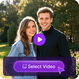 Une photo d'un couple avec un bouton de lecture violet superposé et un bouton « sélectionner une vidéo », utilisé comme matériau dans un didacticiel d'échange de visages multiples.