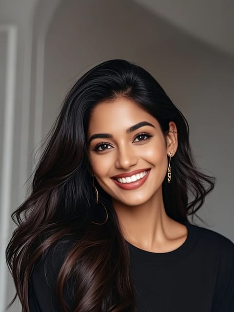 Retrato de uma mulher de cabelos pretos com um top preto simples sorrindo para a câmera. Modelo para troca de rosto de imagem.