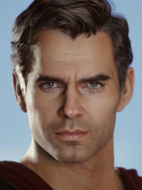 Close de Henry Cavill com cabelos ondulados penteados para o lado e expressão determinada. Modelo para troca de rosto de imagem.