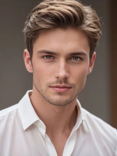 Retrato de um homem com cabelos loiros grossos e ondulados em camisa branca, sorrindo para a câmera. Modelo para troca de rosto de imagem.
