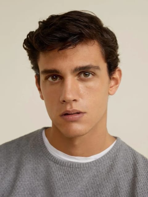 Retrato de um homem com cabelos castanhos escuros e ondulados em um suéter cinza de malha. Modelo para troca de rosto de imagem.