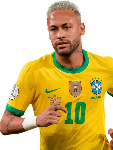 Retrato de Neymar Jr. com cabelos loiros descoloridos e barba por fazer, vestindo a camisa amarela do Brasil. Ele está em uma pose de corrida, contra um fundo branco liso.