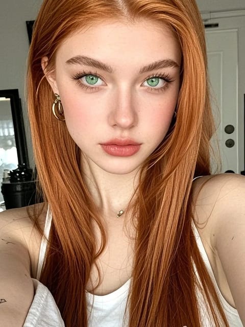 Selfie de uma mulher ruiva de olhos verdes posando em uma cena interna. Modelo para troca de rosto de imagem.