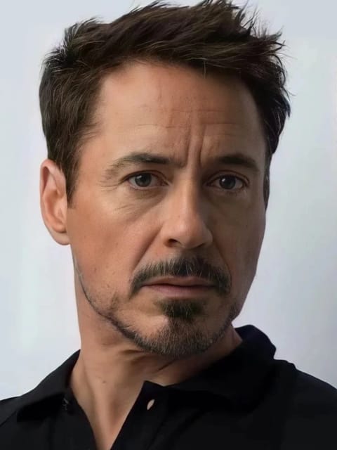 Close de Robert Downey Jr. com cabelo escuro curto e bagunçado com mechas grisalhas, cavanhaque aparado e bigode em tons de sal e pimenta. Ele veste uma camisa preta de colarinho com carcela parcialmente desabotoada e olha diretamente para a câmera contra um fundo branco liso. Modelo para troca de rosto de imagem.