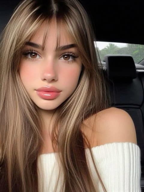 Selfie de uma mulher com cabelos lisos castanhos e loiros em um suéter de tricô branco com ombros largos, posando em um carro. Modelo para troca de rosto de imagem.