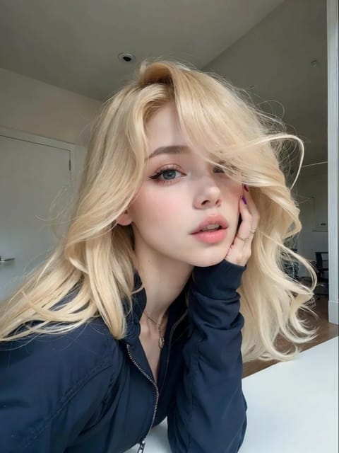 Selfie de uma mulher com cabelos loiros ondulados e blazer azul escuro posando em uma cena interna. Modelo para troca de rosto de imagem.